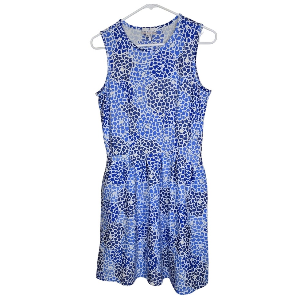 Jude Connally Dress M‎ Medium Blue White Abstract Floral Sleeveless Pockets